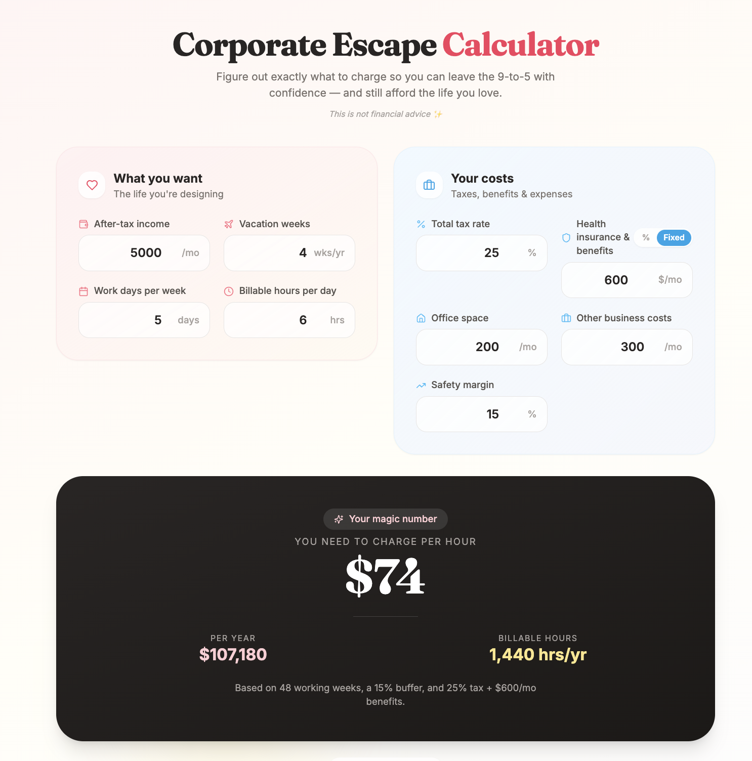 Start a screenshot of an app where you can calculate how much you need to charge in order to live as a freelancer.