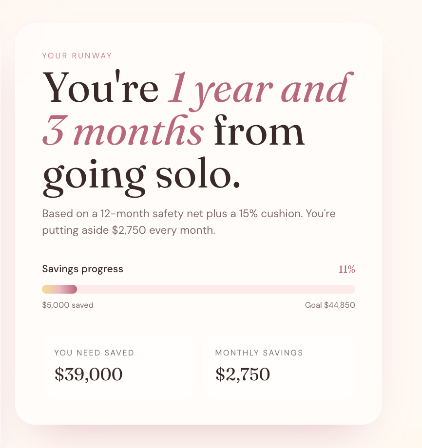 Start screenshot showing an app where you can calculate how long you have to go before you can leave your job, depending on savings rate and costs.