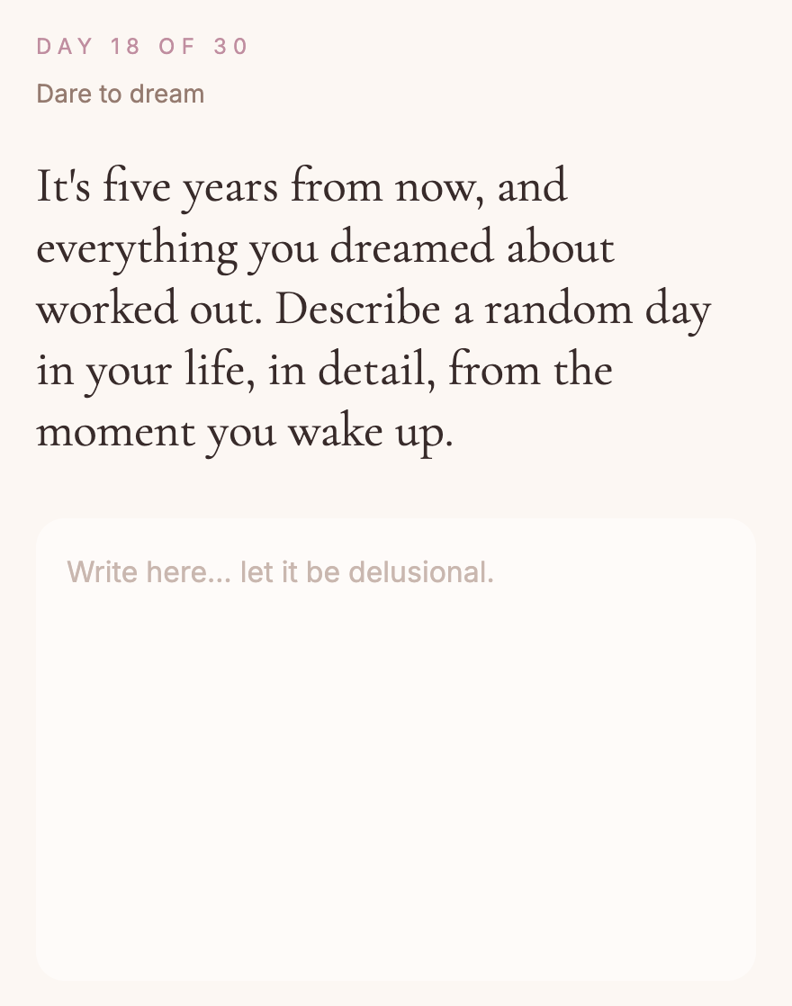 Start screenshot of an app where you get journal prompts to create a vision for your life.